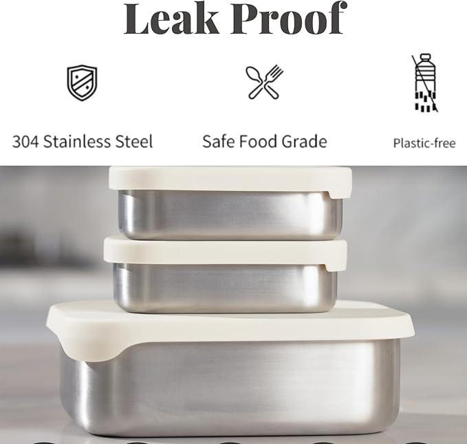 Leak Proof Stainless Steel Lunch Box Containers, 27 OZ , Stainless Steel Bento Box , Metal Lunch Box, Sandwich & Snack Containers , SIlicone Lids , Korean Style,Small Vanilla ( 1 x 27oz + 2 x 6.5 OZ )
