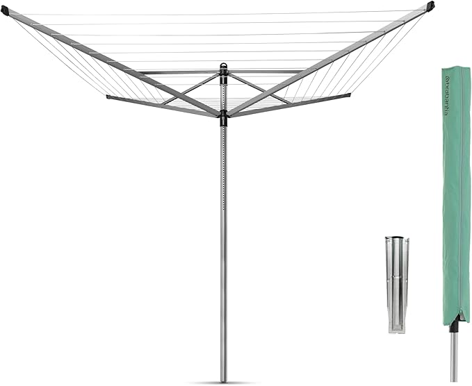 Brabantia Lift-O-Matic Outdoor 4 Arm Clothesline (197 ft/Ø 1.8") Height Adjustable, Folding Clothes Drying Rack + Ground Spike & Cover (Gray)