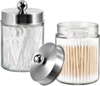 3PC Apothecary Jar Canisters Bathroom Vanity Organizer - Qtip Holder Storage Countertop & Stainless Steel Lids &Cute Stickers for Qtips,Cotton Swabs,Makeup Sponges,Floss (Brushed Nickel)