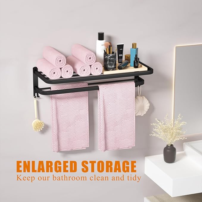 DDS-DUDES 23 Inch Bathroom Towel Rack Towel Shelf with Double Towel Bars Lavatory Wall Mount Holder with Hooks Stainless Steel Hotel Bath Rack (Matte Black)