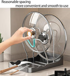 Pot lid Holder And Spoon Rest, 2 Layers Lid And Spoon Rest Pot Lid Organizer With Drip Tray, Multifunctional Utensils Pan Pot Cover Lid Rack Shelf for Pot Lids, Spatulas, Spoons (Black)