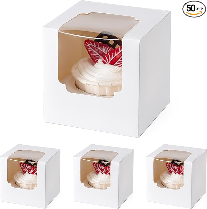 BOOMIBOO 50 Pack Individual Cupcake Containers, Cupcake Boxes with Window, Food Grade Cupcake Holders with Inserts, Stackable Deep Cupcake Carrier (White)