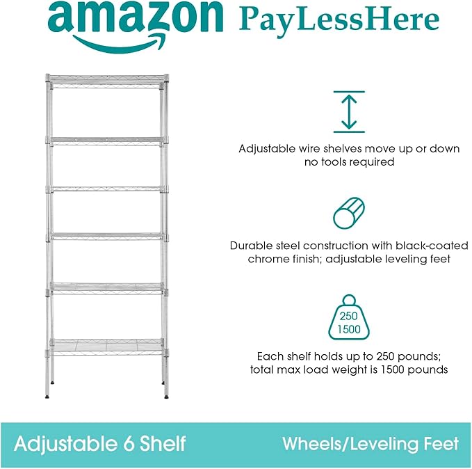 PayLessHere | 6-Tier Wire Shelf | 23"x13"x59" | Chrome | Adjustable Racks | Heavy-Duty Storage Shelves, Holds Upto 1500 lbs | Rust-Resistant, No-Tool Assembly | for Home, Garage Shelving
