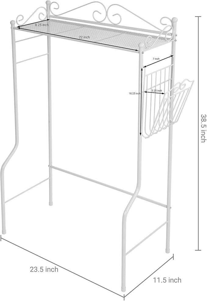 MyGift Over The Toilet Standing Shelf Storage with Magazine Basket, Freestanding Bathroom Space Saver Organizer Rack, White Metal Vintage Scrollwork Accents