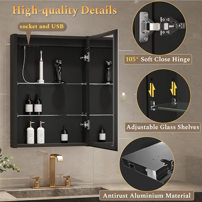 Spliceable Modular LED Lighted Bathroom Medicine Cabinet Mirror with Anti-Fog Aluminum Frame, Adjustable Lighting, Built-in Sockets & USB Ports – Wall Mounted (Right Hinge, 28" L x 20" W)