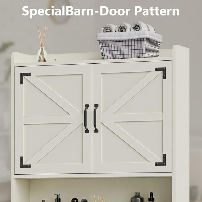 Vabches Over The Toilet Storage Cabinet, Farmhouse Storage Cabinet Over Toilet with 2 Barn Door & Toilet Paper Holder Stand，Home Space-Saving Toilet Rack, for Bathroom, Restroom, Laundry