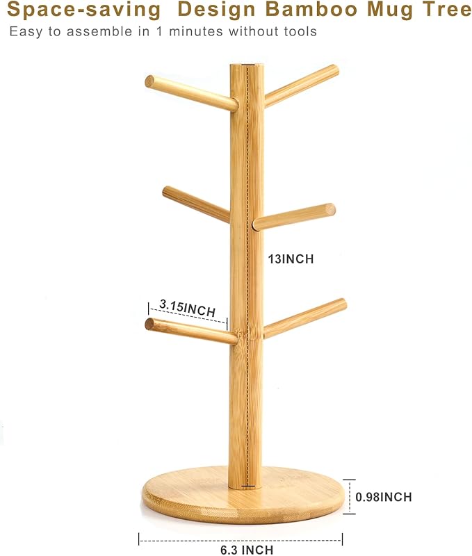 Bamboo Mug Tree for Counter, 6 Hooks Detachable Coffee Mug Holder, Decorative Mug Racks for Coffee Bar Organizer