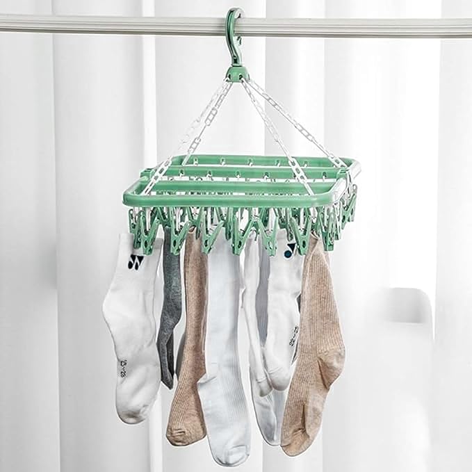 Clothes Drying Hanger with 32 Clips and Drip Foldable Hanging Rack (Light Green)