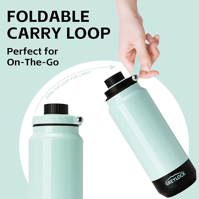 GREYLOCK 40 oz Insulated Water Bottle with Straw Lid, Leakproof Reusable Stainless Steel Vacuum Flask, 24hr Cold & Hot, Carry Handle & Silicone Spout, BPA-Free for Gym, Hiking, Travel,Teal
