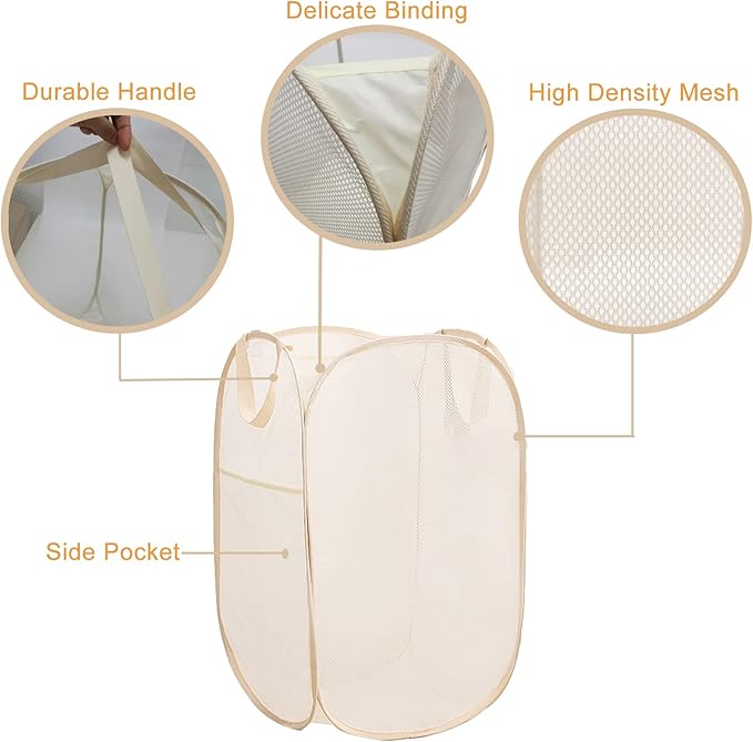 2Pack Collapsible Laundry Basket with Side Pocket, Mesh Pop Up Hamper Portable Carrying Handle, Cruise Room Storage Basket (Beige+Green)