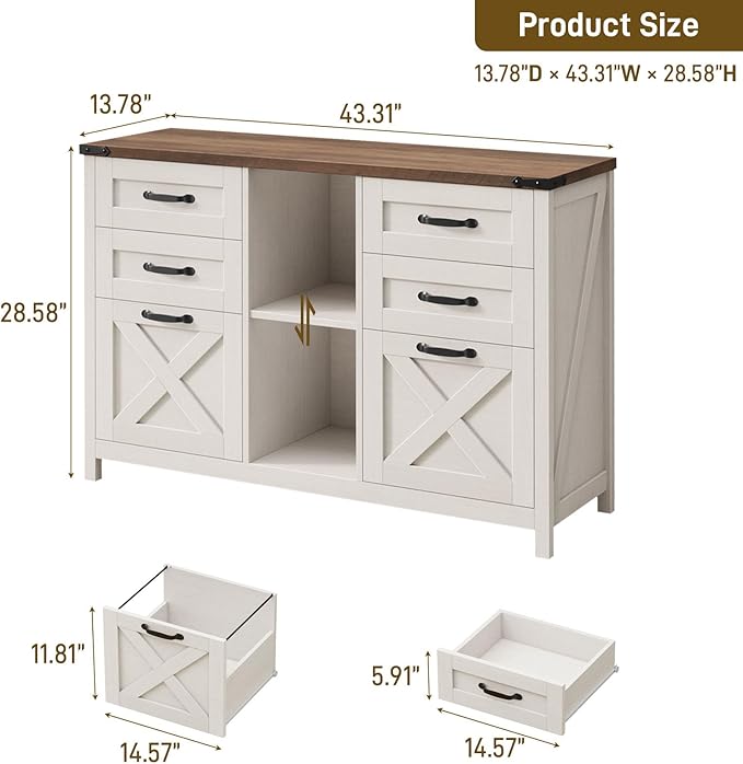 Lateral File Cabinet with 6 Drawers, Farmhouse Filing Cabinet for Letter/A4 Size, Wood File Storage Cabinets Printer Stand with Open Storage Adjustable Shelf for Home Office Cabinets, White and Brown