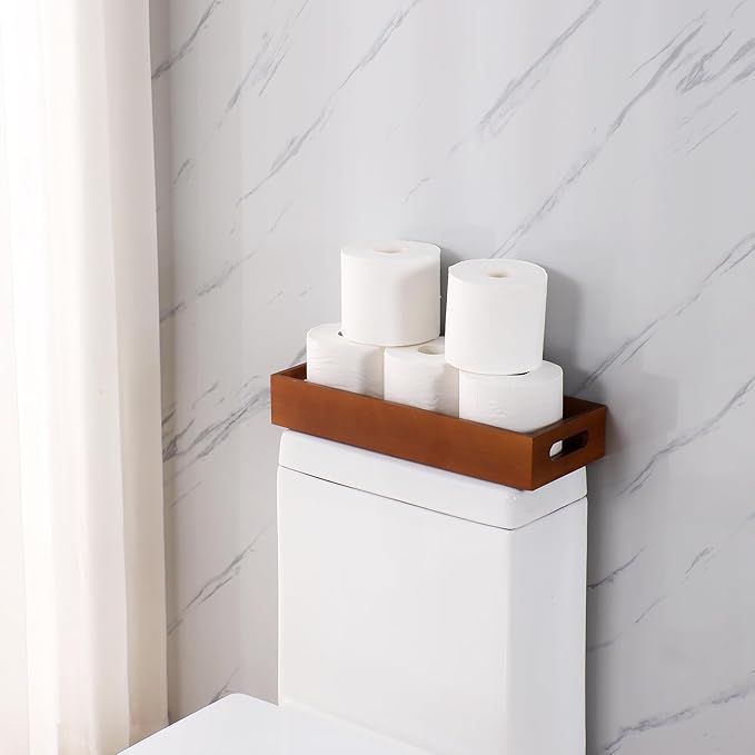 Bathroom Decor Box,Wooden Toilet Tank Topper Basket Tray,Back of Toilet Basket for Paper Storage Bathroom Counter Organizer (Brown, 15.1 * 6 * 2.5in)