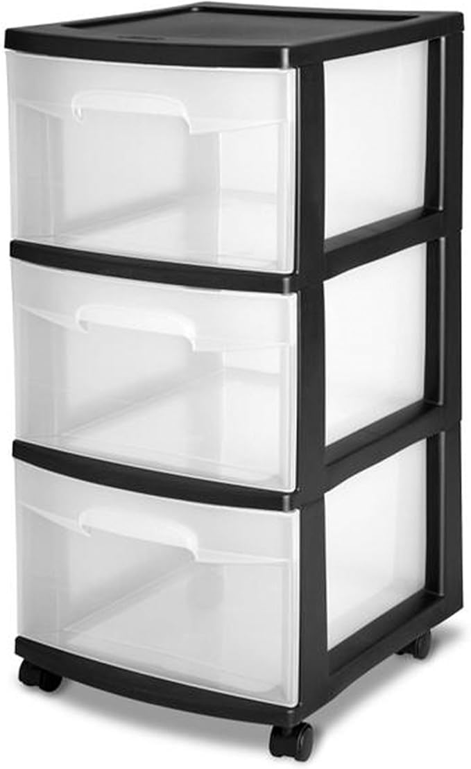 Sterilite 8 Pack Plastic Storage Organizer, 3 Drawer Rolling Bin Cart, Closet Organization, Black