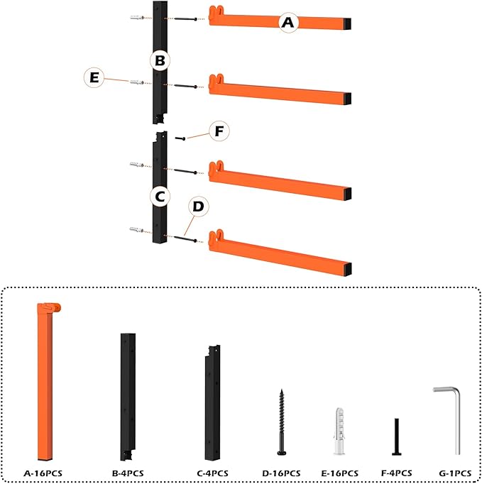 PINPON 4-Pack Heavy Duty Wall Mount Lumber Storage Rack, 4-Level Snap-Fit Wood Organizer with 16.8” Arms & 6.2” Shelf Spacing, 110 lbs Per Tier, for Garage & Workshop Indoor Outdoor Use, Black+Orange