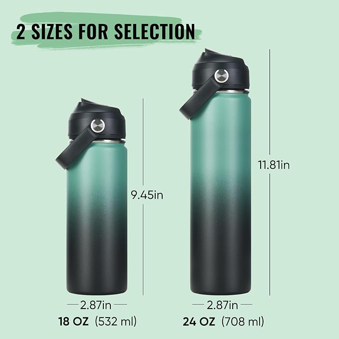 24oz Insulated Stainless Steel Water Bottle, Wide Mouth Double Wall Vacuum, Silicone Straw, Sweat & Leak Proof, BPA Free Insulated Water Flask for Travel, Keep Cold 24h Hot 12h, Green & Black