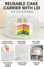 2-Pack Reusable Cake Carriers with Lids – 12 x 12 x 4.75 Inch BPA-Free Plastic Cake Containers – Fits 10-Inch Cakes – Freezer Safe, Stackable Storage with Handles for Transport