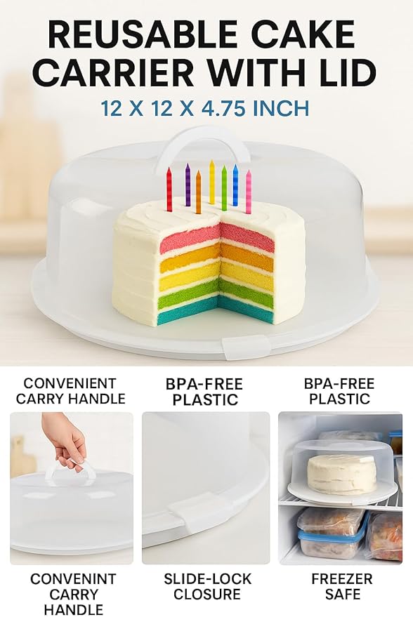 2-Pack Reusable Cake Carriers with Lids – 12 x 12 x 4.75 Inch BPA-Free Plastic Cake Containers – Fits 10-Inch Cakes – Freezer Safe, Stackable Storage with Handles for Transport