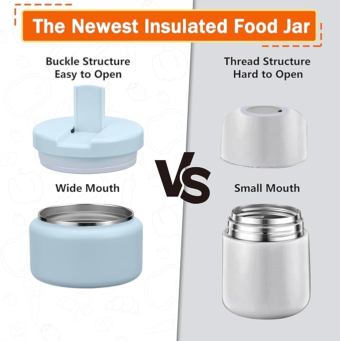 13.5oz Kids Jar for Hot Food, Insulated Vacuum Food Jar with Buckle Lid, Stainless Steel Wide Mouth Leak Proof Insulated Lunch Container for School Picnic Travel, Blue
