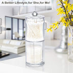 SheeChung 2-Pack Clear Acrylic Qtip Holder - Shatterproof Apothecary Jars for Bathroom Organization - Vanity Storage Canisters for Cotton Swabs, Balls, Pads, Floss Picks - Modern Decor