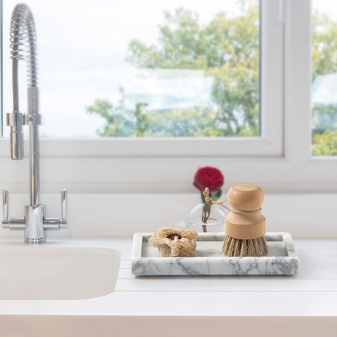Natural Small Marble Vanity Tray, Luxury Stone Organizer for Bathroom & Kitchen | Holds Soap Dispenser, Jewelry, Perfume | Non-Resin, Non-Ceramic Décor (White, Mini (7.9" x 4.3" x 0.78"))
