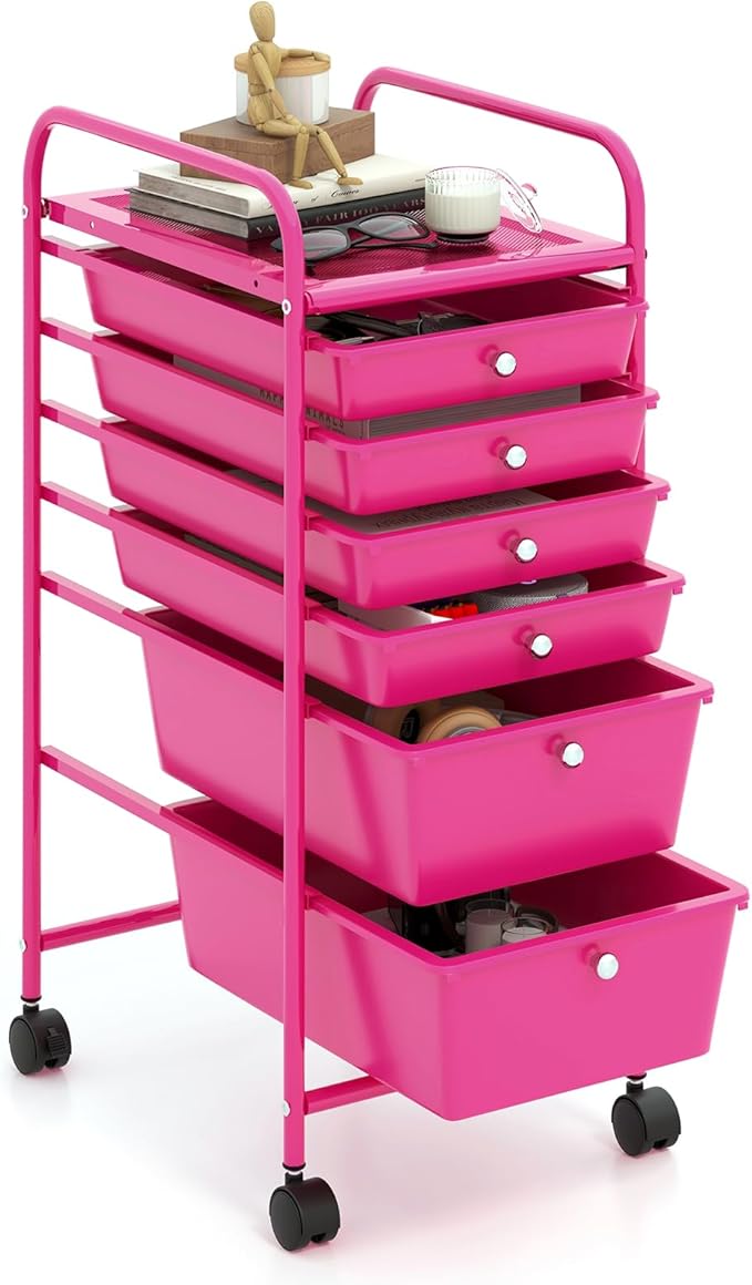 GOFLAME 6-Drawer Rolling Storage Cart, Multifunctional Art Craft Organizer, Mobile Utility Storage with Removable Drawers & Lockable Wheels, Craft Cart for Home Office, Hot Pink