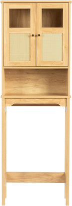 Karl home Over The Toilet Storage Cabinet Bathroom Organizer Over Toilet Free Standing Above Toilet Rack with Adjustable Shelf, Open Shelf, Acrylic Glass Doors, Wood