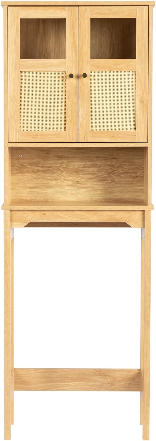 Karl home Over The Toilet Storage Cabinet Bathroom Organizer Over Toilet Free Standing Above Toilet Rack with Adjustable Shelf, Open Shelf, Acrylic Glass Doors, Wood