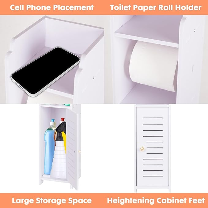 LuiceABC Toilet Paper Holder Stand, Over The Toilet Storage Cabinet for Bathroom, Slim Corner Shelf for Small Space Storage, Small Bathroom Storage Cabinet with Toilet Roll Holder & Door - White