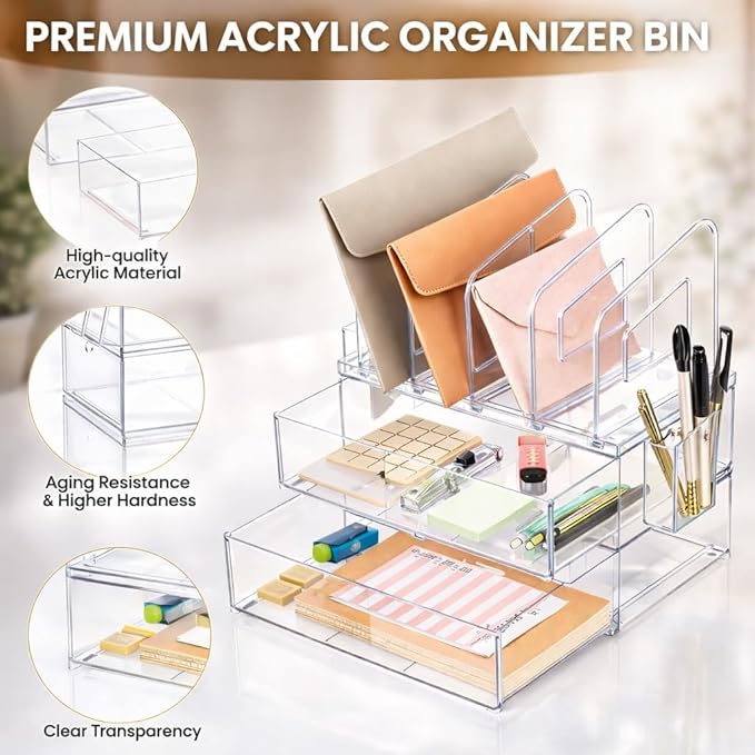 Acrylic Desk Organizer with Drawer, Office Supplies,Organization Storage, 2 PC Drawer Organizer with 4 File Sorter, Desk Organizers and Accessories, Clear Acrylic File Organizer