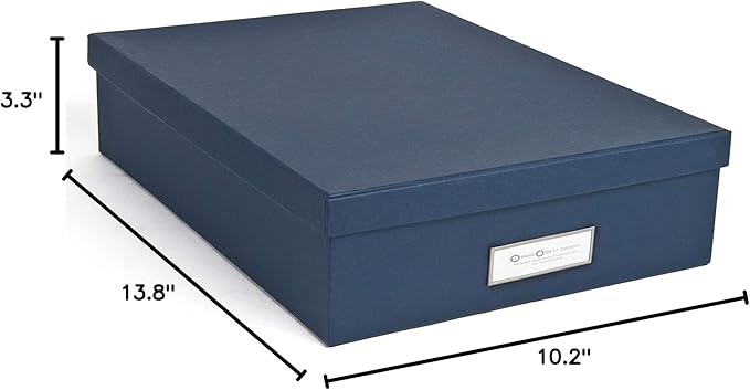 Bigso Oskar Fiberboard Label Frame Document Letter Box - File Organizer Box for Important Paperwork - Document Storage with a Lid & Metal Label Window - 3.3 in x 10.2 in x 13.8 in - Dark Blue