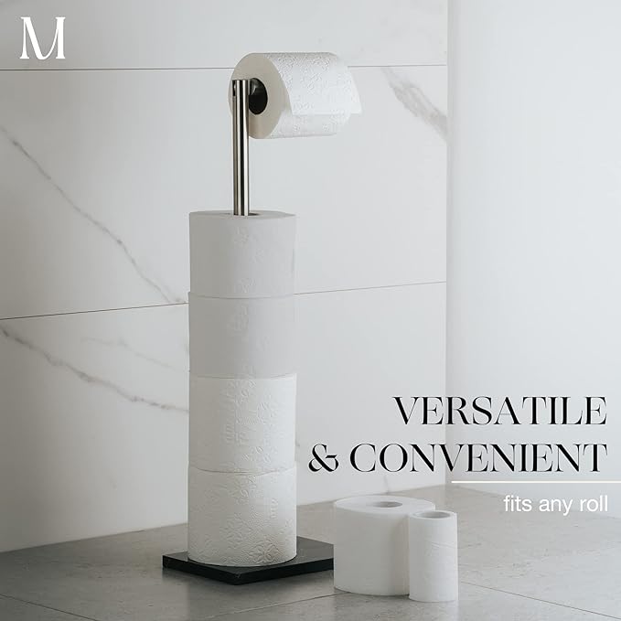 MARMOLUX ACC Free Standing Brushed Nickel Toilet Paper Holder Stand - 4 Jumbo Roll Bathroom Hardware - Standing Toilet Paper Holder - Stainless Steel Toilet Paper Stand - Brushed Steel/Black Marble