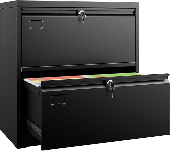 SUXXAN Metal 2 Drawer Lateral File Cabinet with Lock - Wide Filing Cabinet for Letter/Legal/F4/A4 Hanging Files - Includes Business Card Holder, Home Office School Storage,Black