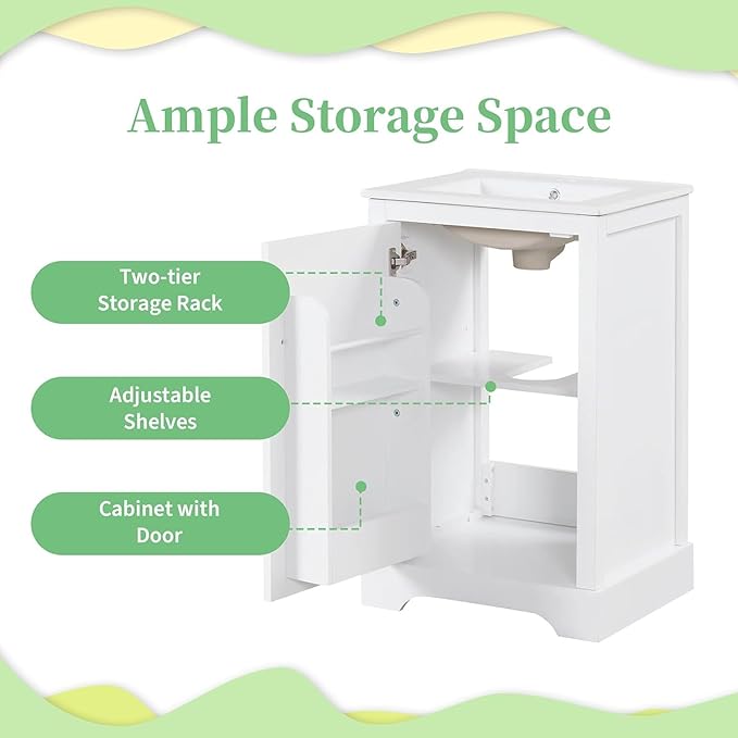 20 in Small Bathroom Vanity with Sink,Soft Close Door and Adjustable Shelf,Wood Modern Single Bathroom Sink Cabinet,Freestanding (White)