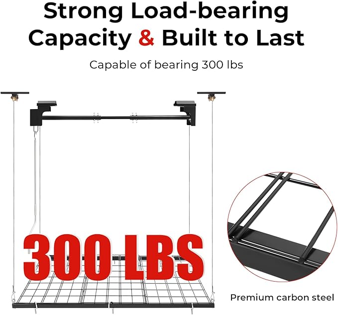 TBVECHI Overhead Garage Lifting Storage Rack, 4x4 Ft Heavy-Duty Metal Garage Ceiling Rack, Storage Organizer System with 79''L Adjustable Height, 300lbs Weight, Matte Black