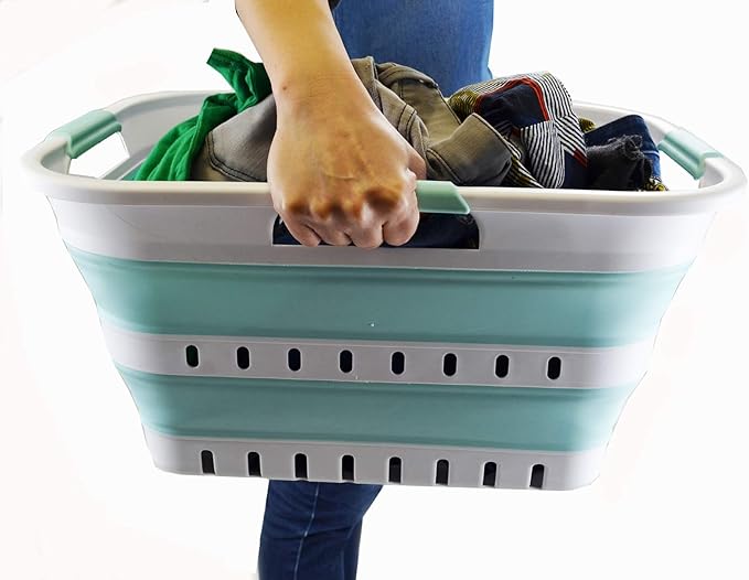 SAMMART 30L (8 Gallon) Collapsible 3 Handled Plastic Laundry Basket - Foldable Pop Up Storage Container/Organizer - Space Saving Hamper/Basket (White/Lake Green)