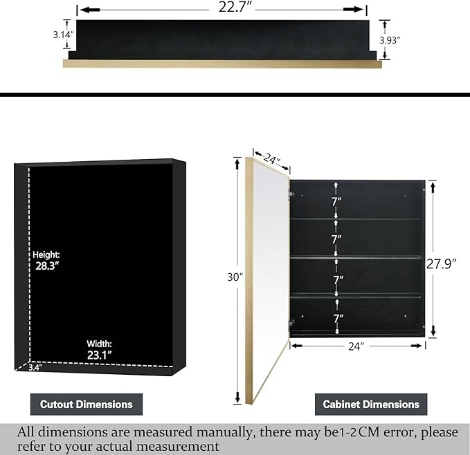 Bathroom Medicine Cabinet with 24x30 Inch Mirror - Recessed or Surface Mount Vanity Storage Cabinet｜ Antique Brush Gold Finish ｜ Rustic Farmhouse Bathroom Mirror Cabinet