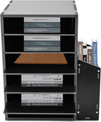 Literature Organizers With Side Storage cabinet, 6 Compartments Office Mailbox with Adjustable Shelves, PVC Board Literature Sorter for Office, Home, Classroom, Mailrooms Organization, Black