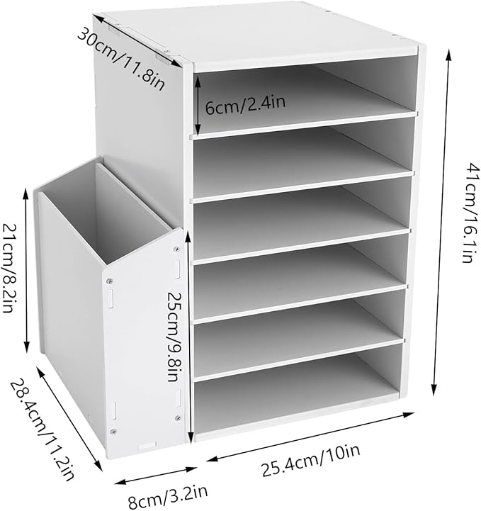 Literature Organizers With Side Storage cabinet, 6 Compartments Office Mailbox with Adjustable Shelves, PVC Board Literature Sorter for Office, Home, Classroom, Mailrooms Organization, White