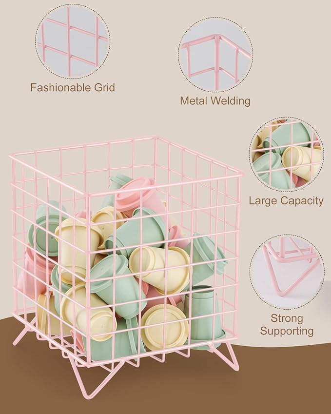 FantasyLife K Cup Holder Organizer, 5.3" x 5.3" x 6.3" Coffee Pod Storage Basket, Coffee Bar Accessories Metal Basket, Large Capacity Countertop Organizer for Kitchen Counter & Office Desktop (Pink)