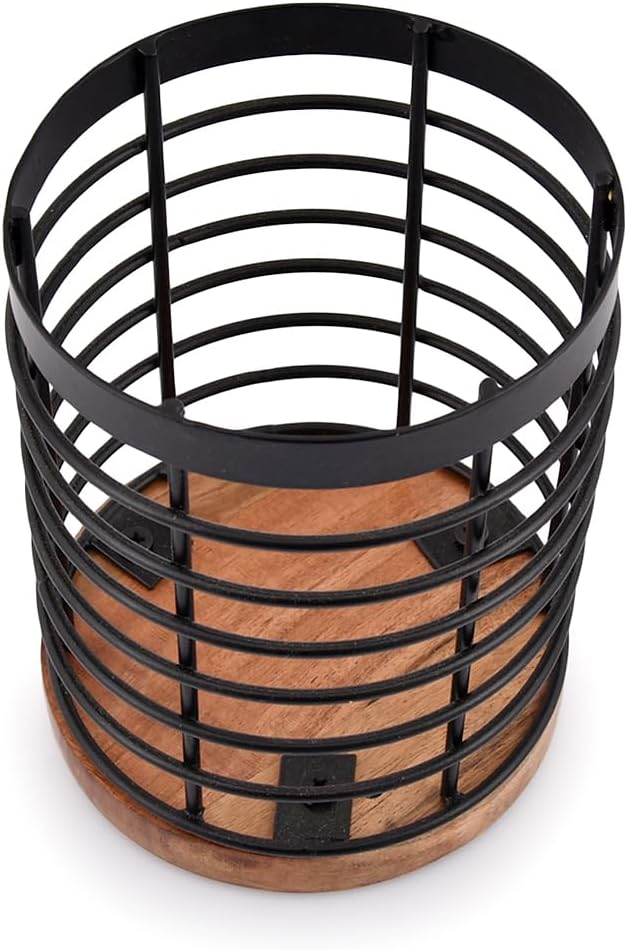 EDHAS Black Iron Kitchen Utensil Holder with Acacia Wooden Base Round Flatware Storage for Countertop (4.5" x 4.5" x 6")