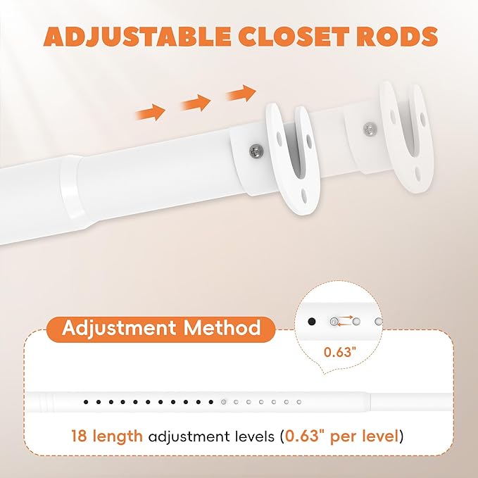 Closet Rod 50-99 Inches, Adjustable Heavy Duty Metal White Closet Rods for Hanging Clothes 1.3 Inches Diameter for Wardrobes Laundry