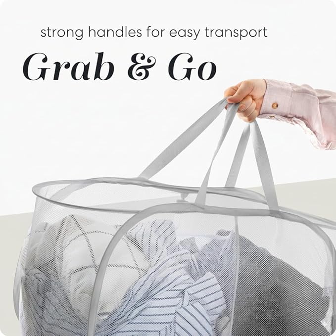 Handy Laundry Collapsible Laundry Basket, 2-Compartment Mesh Pop Up Hamper with Handles – Foldable, Space-Saving Dirty Clothes Organizer for Dorm, Travel, Laundry Room, Grey