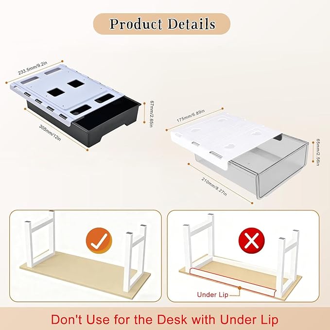 2 Pair Super Capacity 11.85 "x 8.9" Under Desk Drawer Hidden Strorage Drawer Self-Adhesive Slide Out with Smooth Gliding Motion - Attachable & Space-Saving Under Desk Organizer with Screw Kit, Black