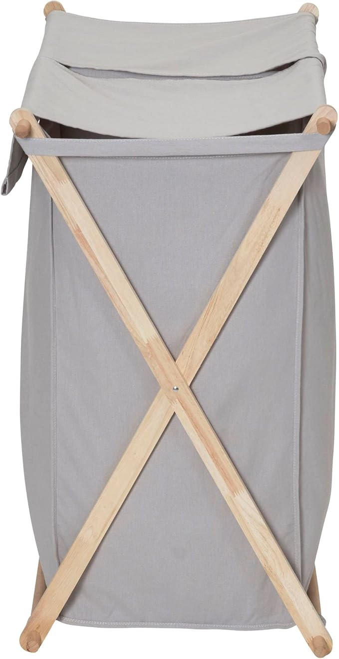 Household Essentials X-Frame Wood Laundry Sorter, Collapsible Wood Frame with Washable Gray Poly-Cotton Bags, Naturally Stylish Large