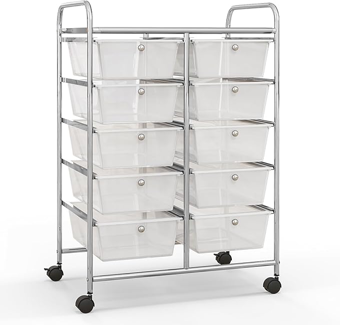 Giantex 10 Drawers Rolling Cart, Classroom Organizers, Storage Cart with Wheels, for Teacher Office Home School Supplies Tool Craft Art Paper, Clear White