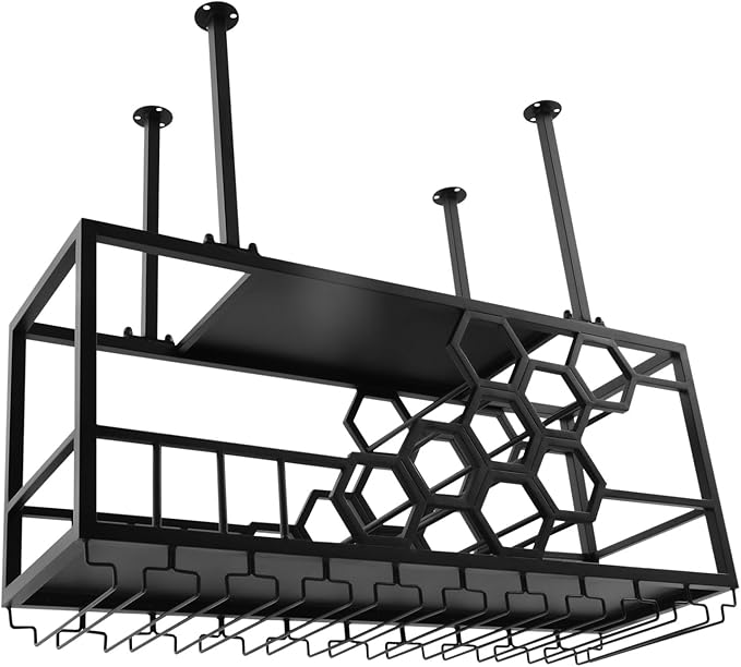 Ceiling Wine Glass Rack, Hanging Wine Rack with Glass Holder and Shelf, 2 Layer Industrial Iron Hanging Wine Bottle Holder, Metal Ceiling Shelf for Bar Cafe Kitchen, 39.4*11.8*15.8in (Black)
