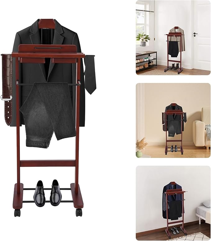 Wooden Freestanding Clothes Stand with Sturdy Base, Multi-functional Suit Valet Stand, Coat Rack with Top Drawer, Tie Hangers, Storage Compartments for Office, Bedroom, Living Room (Reddish Orange)