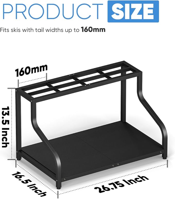 Ski Storage Rack for Garage — Freestanding Ski Holder for 4 Pair Skis, Boot, Helmet, Goggles, Indoor Snowboard Rack Organizer Stand for Home, Shed, Basement, Black