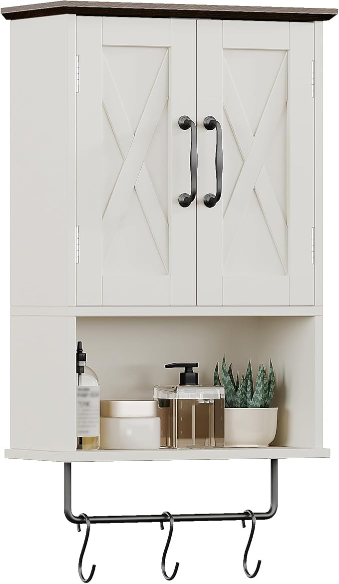 ChooChoo Farmhouse Medicine Cabinet, Bathroom Wall Cabinet with Adjustable Shelf, Towel Bar, 3 Hooks, Over The Toilet Storage Cabinet for Bathroom, Kitchen, Antique White & Brown