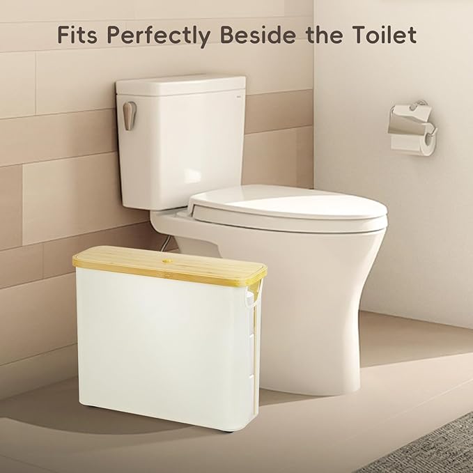 Toilet Paper Storage for Bathroom, Slim Basket Holder with Bamboo Lid, Foldable Organizer with Handle, Freestanding Stand for Small Spaces